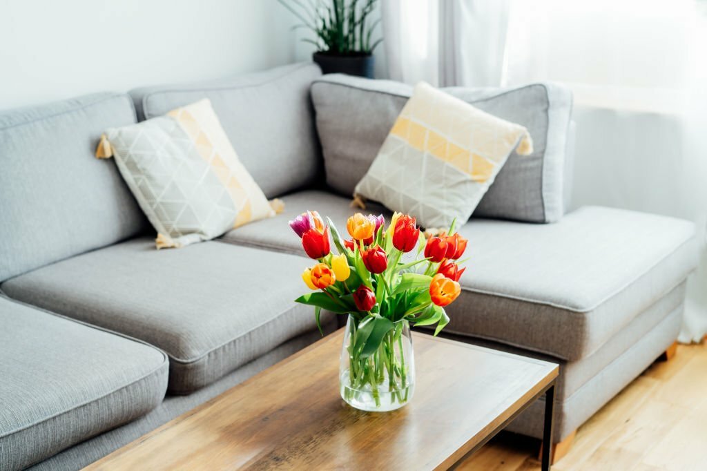 Vase of fresh tulips on the coffee table with blurred background of modern cozy light living room with gray couch sofa, graphic cushions and green plants. Open space home interior design. Copy space.